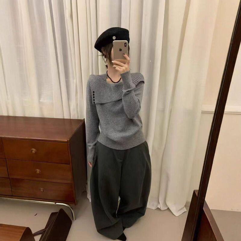 巨好看的韩系早秋氛围感穿搭法式一字肩毛衣女秋冬露肩针织衫上衣