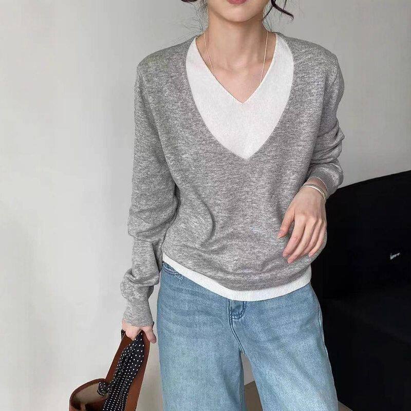 韩版复古假两件撞色拼接针织衫女秋冬设计感小众宽松时尚长袖毛衣