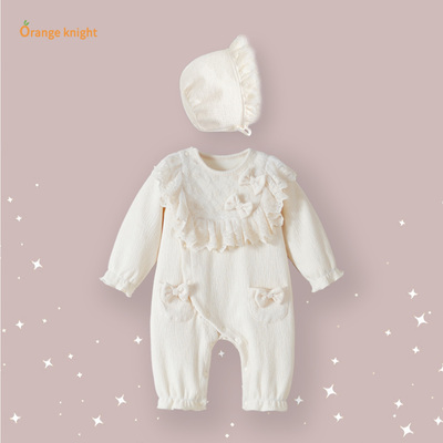 婴幼儿蝴蝶结网纱花边公主连身衣满月百天礼服哈衣宝宝外出爬爬服