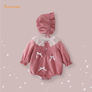小月龄女宝连体衣新生儿满月百日宴蝴蝶结装饰婴幼儿秋装外出爬服