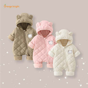 婴幼儿衣服冬装新生女宝宝加绒夹棉连体衣满月加厚保暖外出爬爬服