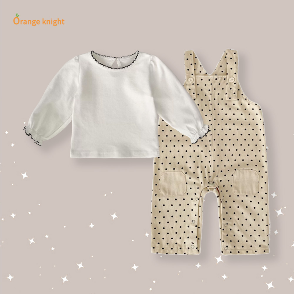 婴幼儿衣服套装女宝宝韩系简约白色长袖上衣搭波点背带长裤两件套