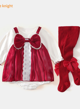 婴儿公主裙0一3月百天女宝宝衣服红色连衣裙满月包屁裙子春装礼服