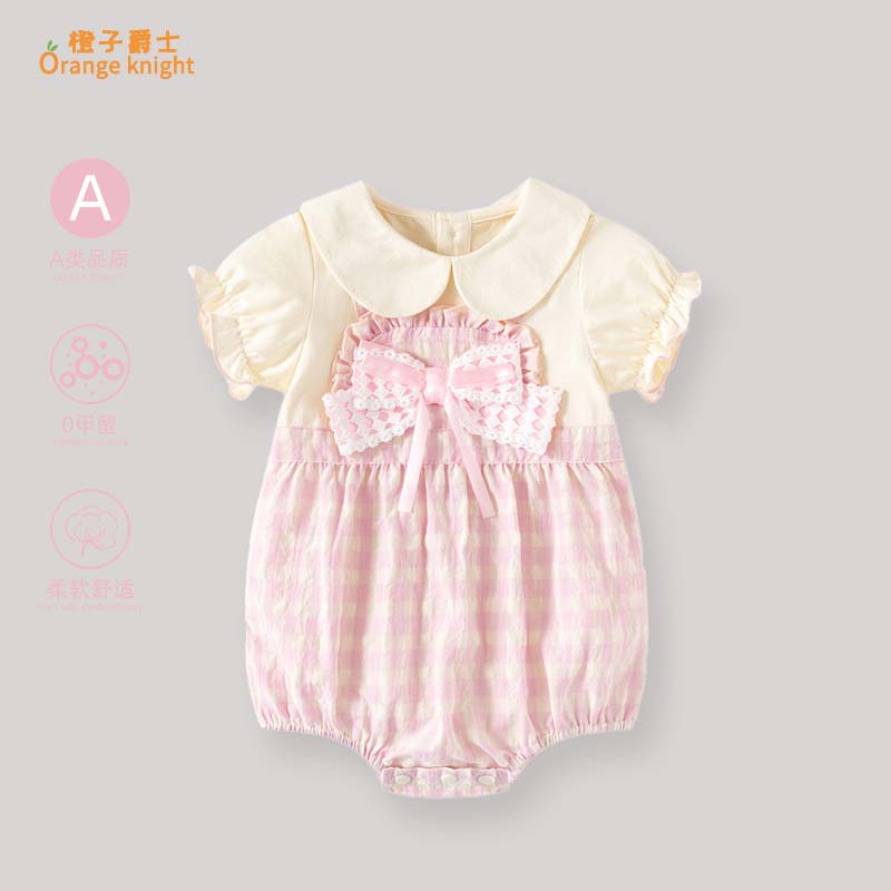 小月龄女宝宝夏季新款满月衣服韩版甜美可爱短袖娃娃领三角包屁衣