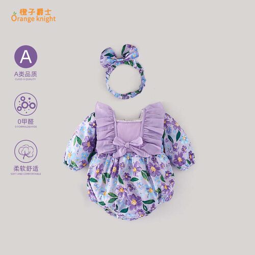 女宝宝秋冬季加厚衣服甜美洋气花边长袖加绒三角包屁衣公主小礼服