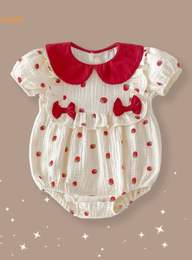 百天萌趣可爱小草莓印花图案花边娃娃领爬服夏装薄款满月连体哈衣