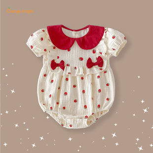 百天萌趣可爱小草莓印花图案花边娃娃领爬服夏装 满月连体哈衣 薄款