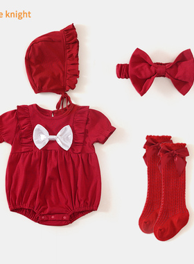 婴儿夏装满月服新生女宝宝红色拍照哈衣百天周岁礼服夏季短袖衣服