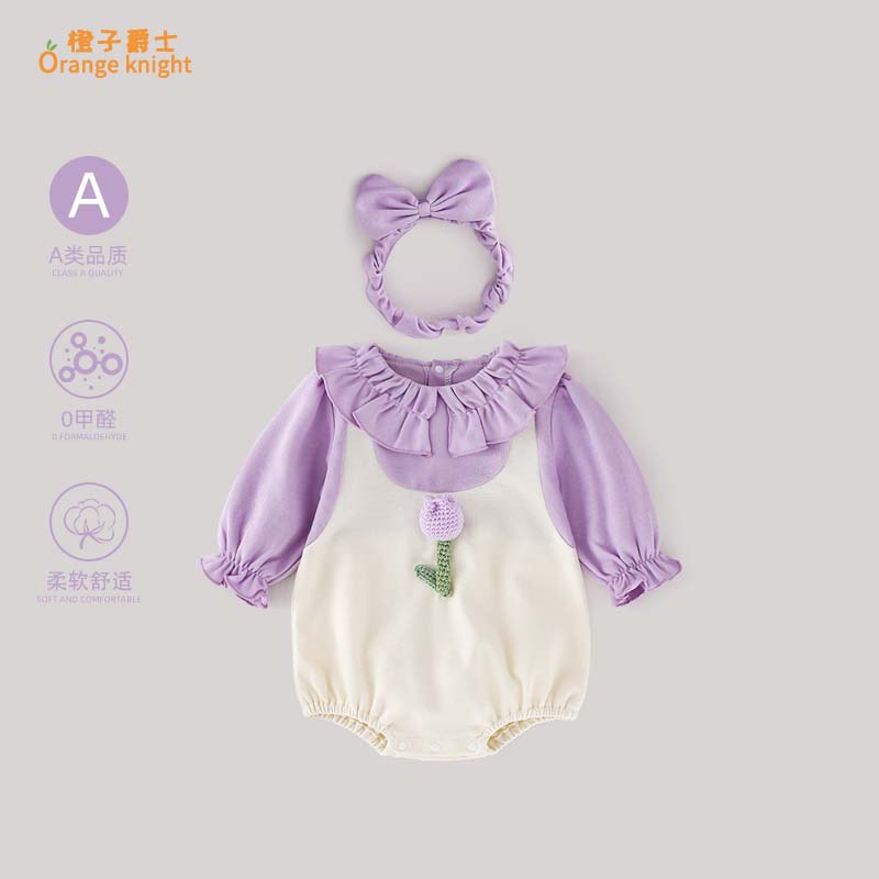 小月龄婴儿春秋季衣服女宝宝甜美花边圆领长袖公主连体衣外出爬服