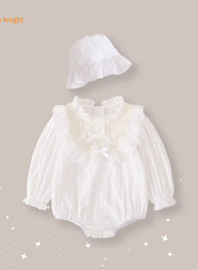 春秋薄款装婴儿双重蝴蝶结白色花边领包屁衣女宝宝三角爬服连体衣
