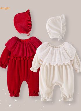 新生女婴荷叶领毛球加绒厚款秋冬装女宝宝保暖哈衣爬服可爱外出服