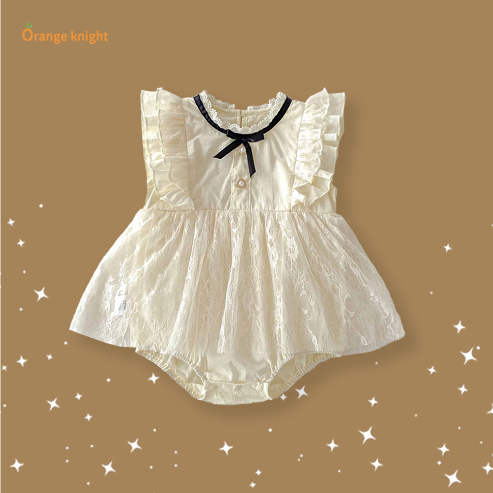 小月龄女宝宝夏季款蝴蝶结圆领优雅淑女公主风蓬蓬裙短袖连体爬服