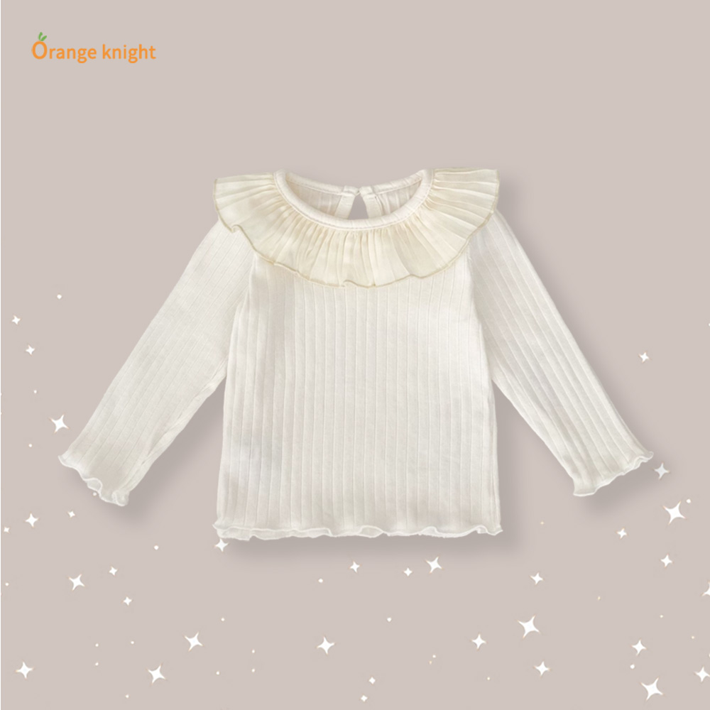 甜美时尚婴幼儿童装薄纱荷叶领条纹花边长袖女宝可爱洋气针织上衣
