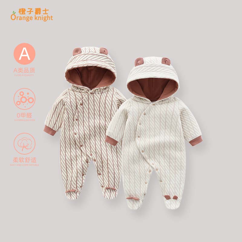 婴儿冬季加厚衣服男女宝宝可爱卡通加绒连帽包脚哈衣长袖连体衣