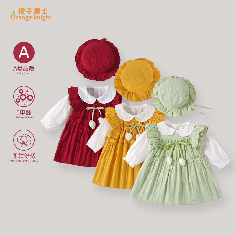 小月龄女宝宝春秋季衣服百天满月公主小礼服甜美娃娃领长袖连衣裙