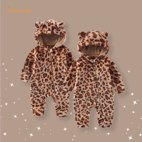 周岁宝宝冬季衣服连体豹纹男女婴儿冬装连体超萌毛绒可爱保暖哈衣