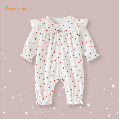 2025年春秋新款儿童女宝长爬服甜美爱心泡泡袖婴幼儿三角包屁哈衣