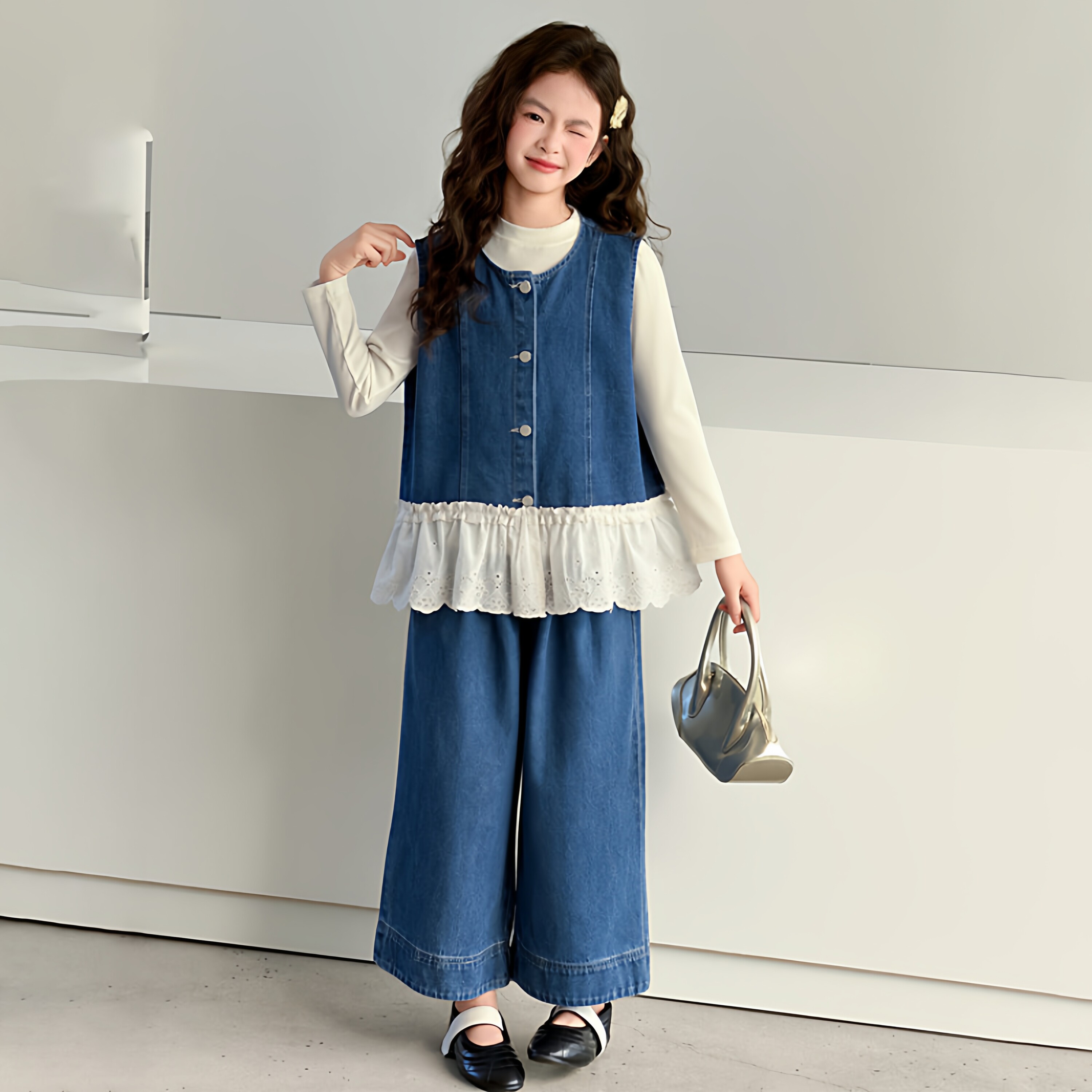 凯之璇女中大童牛仔马甲长裤套装2026年春季新款女孩早春3件套