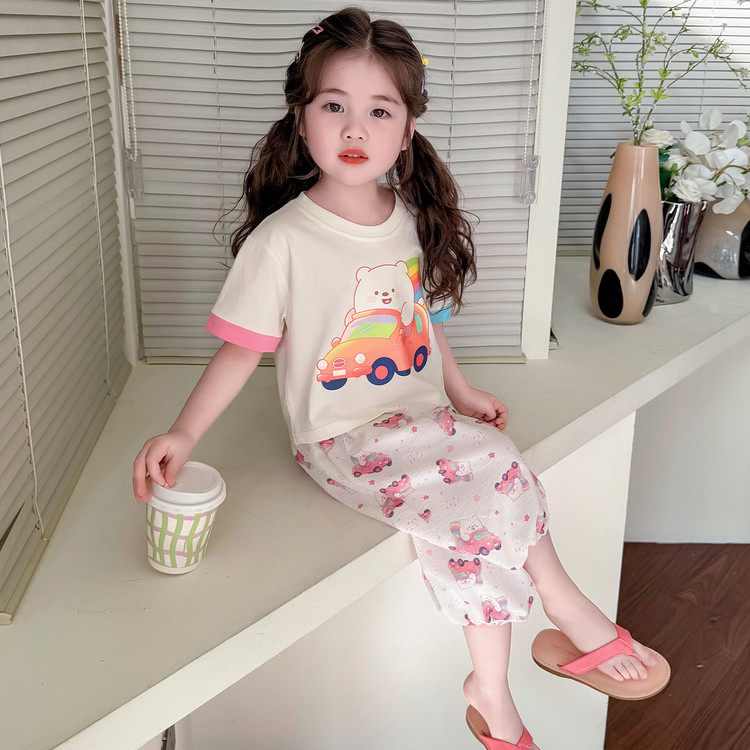 2026夏季新款女小童彩虹汽车小熊套装休闲洋气短袖T恤七分裤2件套