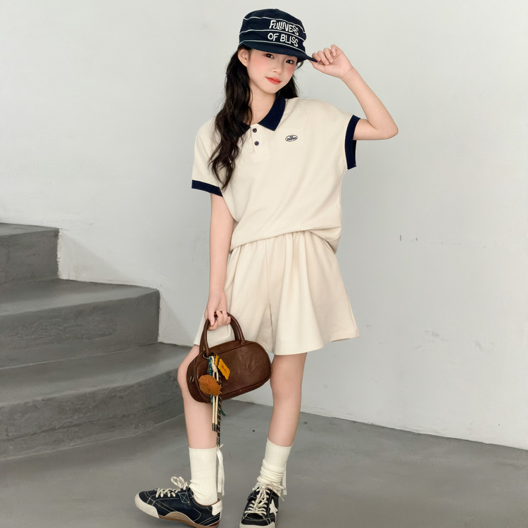 女童2026新款夏季休闲纯棉POLO套装女孩儿童时尚短袖T恤短裤2件套