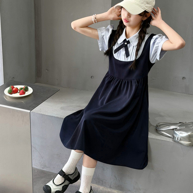 女童2026夏季新款学院风假两件泡泡袖连衣裙女孩儿童洋气短袖裙子