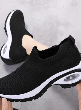 女鞋休闲百搭气垫跑步鞋飞织透气懒人鞋一脚蹬运动鞋