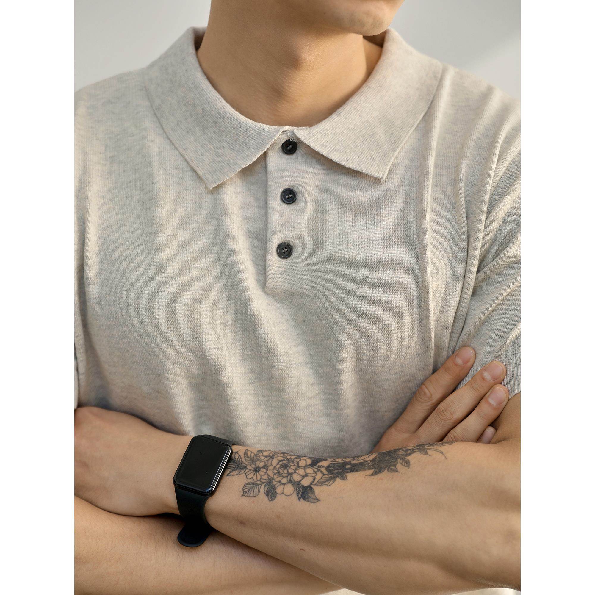 英伦风百搭针织短袖衫透气休闲罗纹底摆男士翻领保罗衫