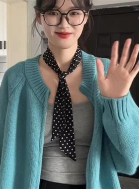 法式黑白波点细窄长条丝巾高级感小领巾围脖搭配飘带颈饰