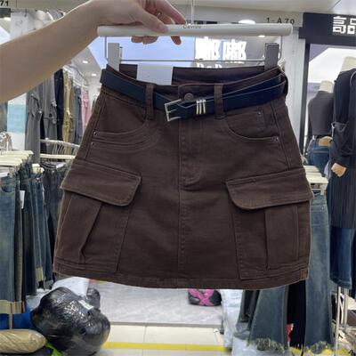 欧货2025春季新款深咖啡色牛仔工装半身裙高腰小个子字短裙潮