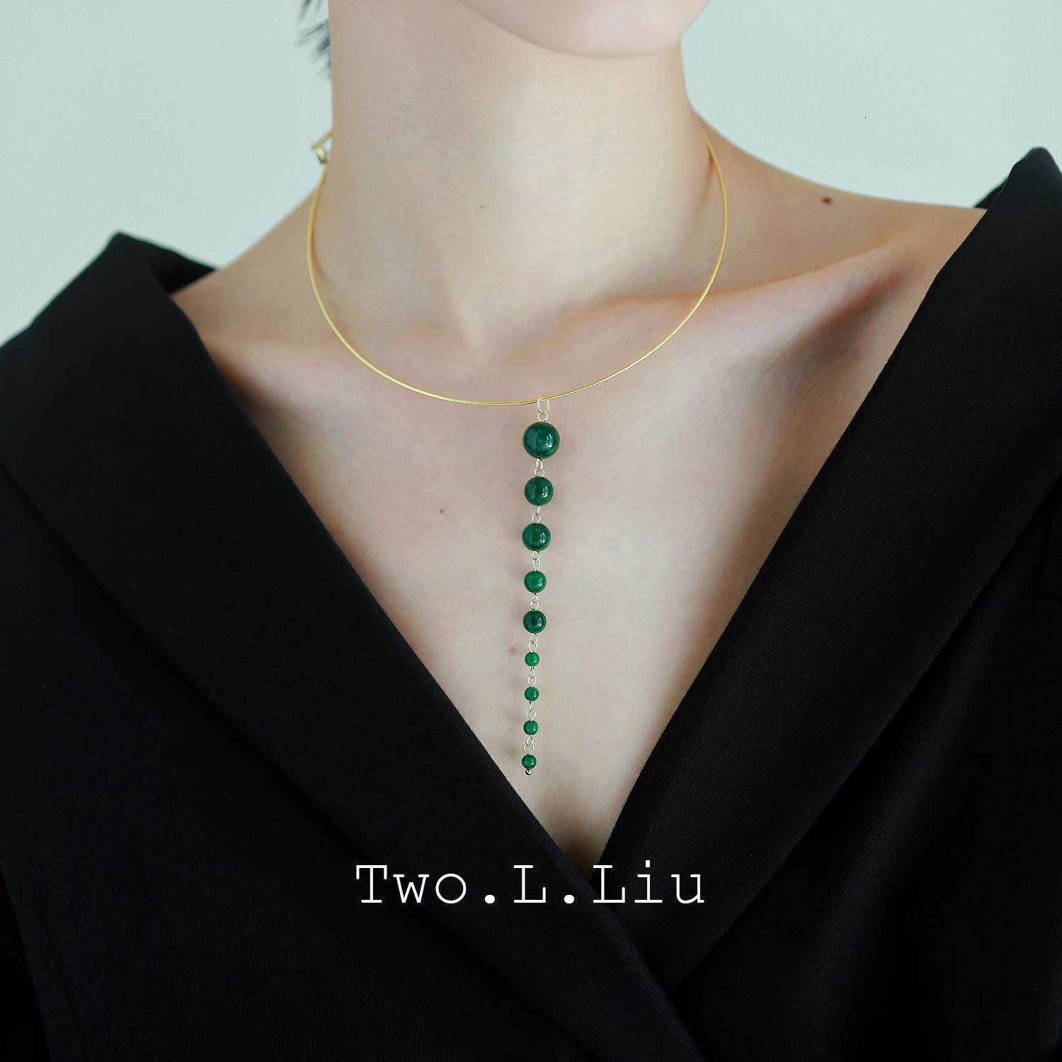 新中式复古国风潮璎珞项圈原创设计绿色石头吊坠