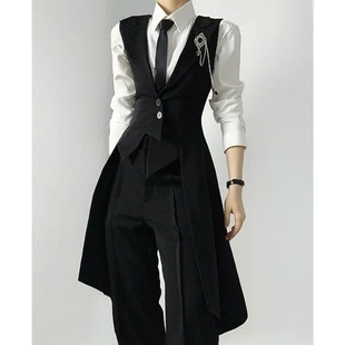 西服拖长马甲西装马夹燕尾制服戗驳领腰修身黑色