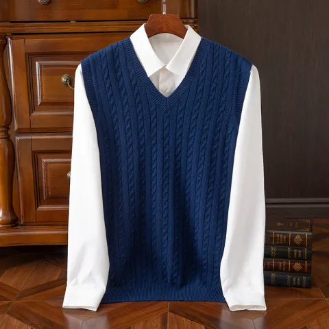 中老年100%坎肩扭花商务马甲山羊绒衫无袖麻花v领毛衣男士套头纯