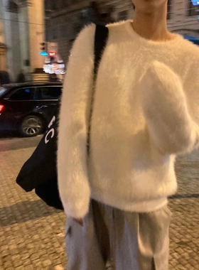 MYQ马海毛松弛感圆领毛衣男冬季保暖针织打底衫韩系慵懒风穿搭