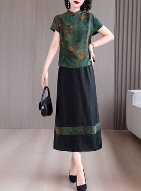 夏新中式妈妈装改良旗袍印花套装
