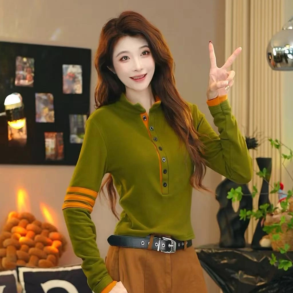 半开领扣子长袖无帽撞色中国内搭