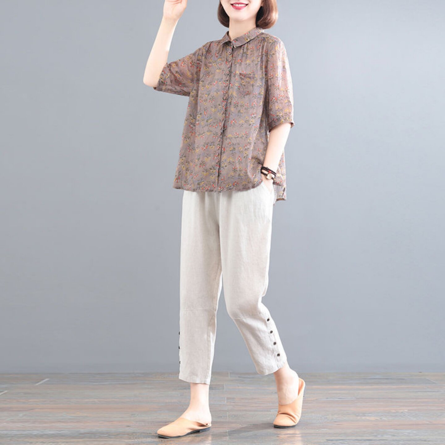 棉麻套装女夏中国风文艺复古大码宽松显瘦两件套薄款洋气妈妈套装