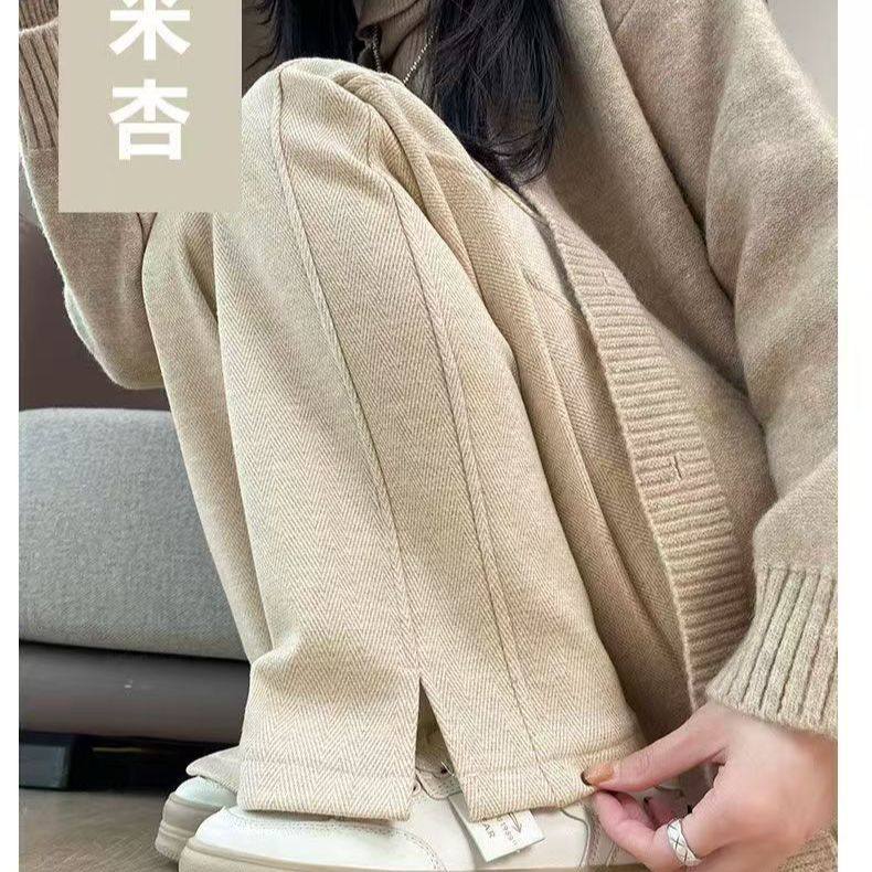 高腰加绒人字纹大码阔腿裤女秋冬窄版卫裤开叉毛呢香蕉修脚直筒裤
