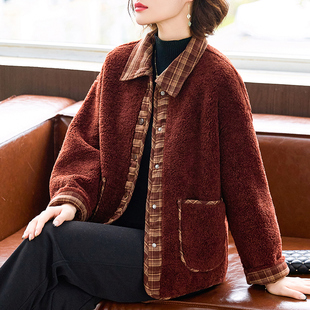 气质优雅洋气加厚上衣 开衫 翻领羊羔绒格子外套女冬装 宽松减龄时尚