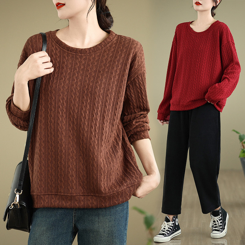 简约提花加肥大码加厚麻花针卫衣小衫2026秋冬新款遮肚显瘦长袖T