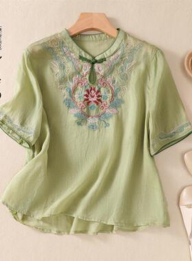 夏季禅意年中式盘扣轻薄苎麻女棉麻刺绣衫盘扣佛系茶艺服短袖小衫