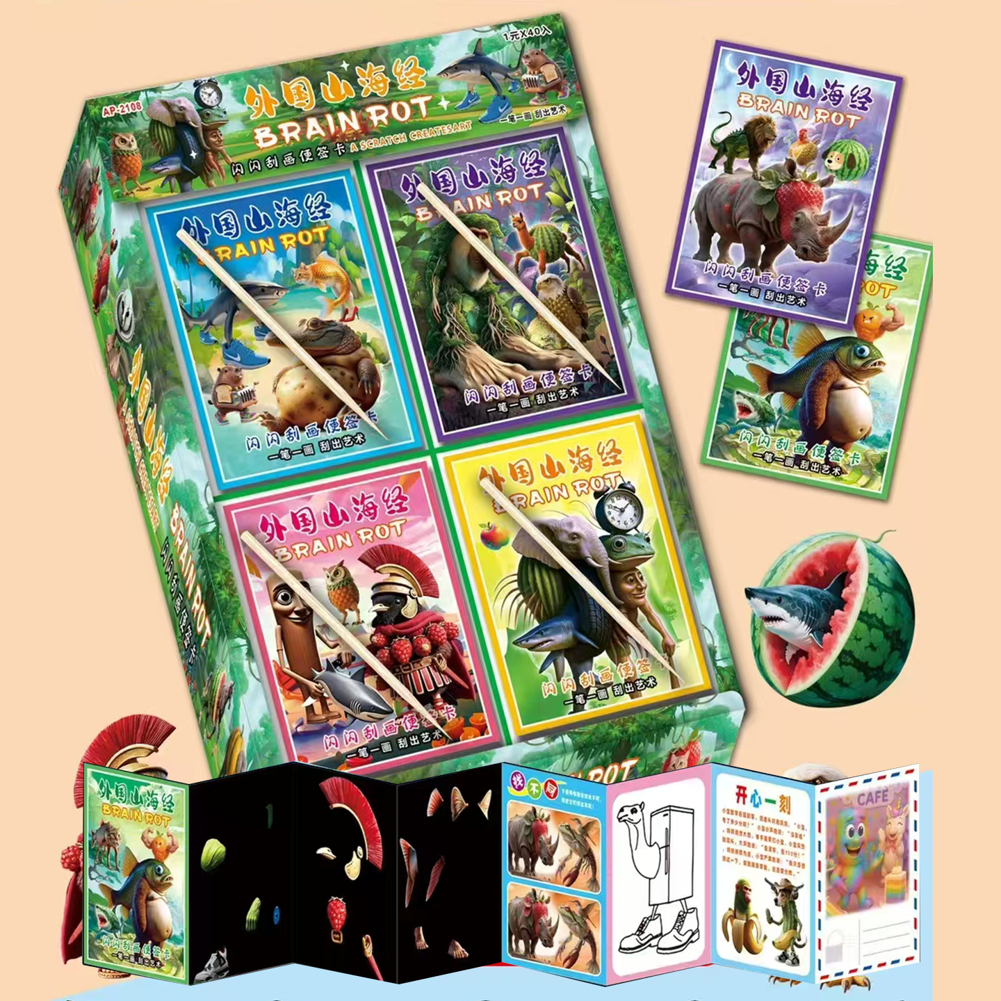 AI山海经刮刮画创意儿童卡通手绘DIY涂鸦本子益智亲子魔术刮画本