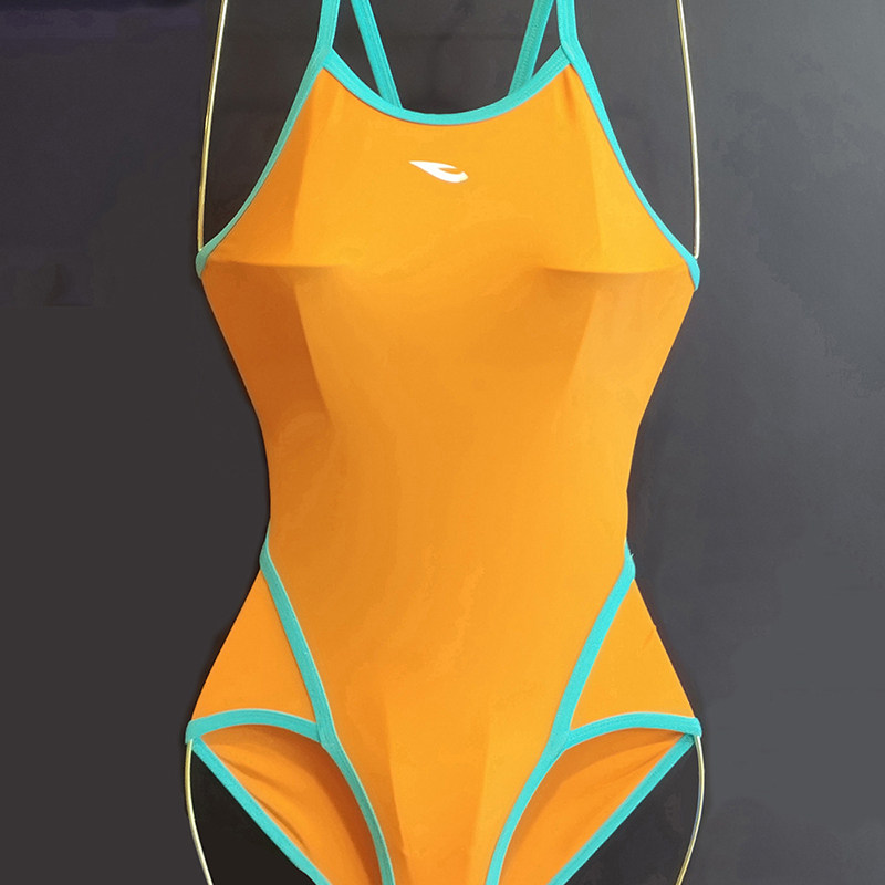 浩沙25新款女童连体竞速泳衣专业训练彩虹色细肩带速干三角泳装