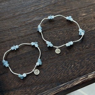 贝奇手作·小海洋 ~ s925银天然海蓝宝碎石简约弯管手链百搭清新