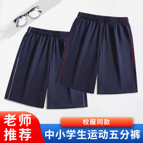 男女童夏季藏青色短裤一条杠儿童运动细白条休闲透气五分裤校裤