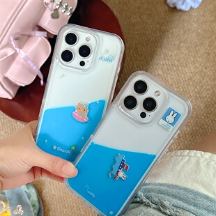 日韩卡通流动兔子冲浪小猫咪适用iphone16pro手机壳苹果17新款15液体流沙14pro女款13超火15promax防摔保护套
