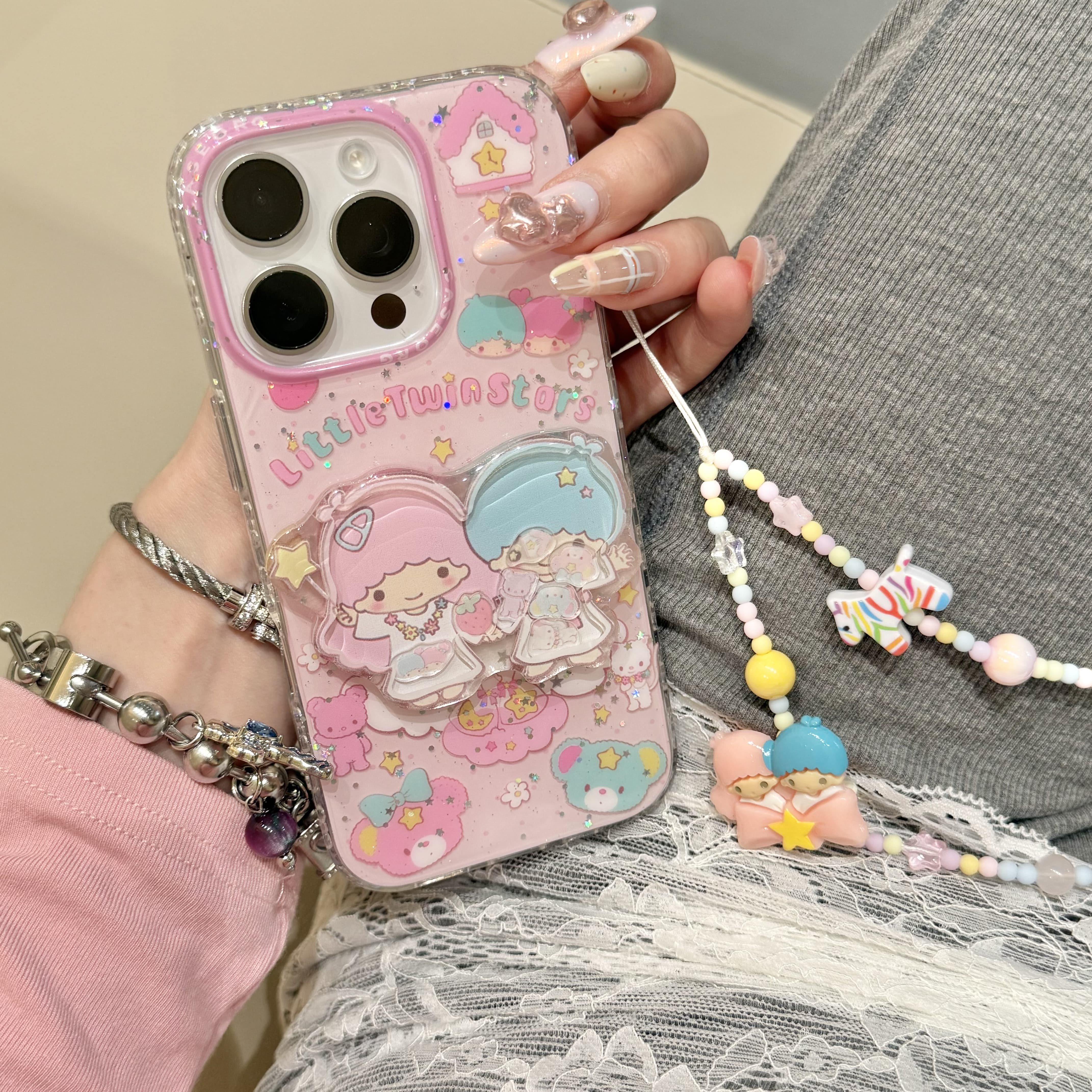 日韩卡通可爱双子星链条适用iphone16pro手机壳苹果16新款15创意14pro女款13摇摇乐15promax亚克力防摔保护套