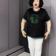 烫钻短袖t恤女夏装2025年新款中年妈妈大码女装200-300斤女士上衣