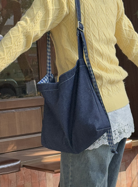 LU早秋复古牛仔蓝单肩斜挎包女厚实文艺百搭学生格子帆布包购物袋