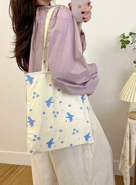 LU小众蓝色飞鸟碎花布袋百搭大容量单肩帆布包韩系慵懒风包包女