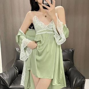 夏季 睡衣宫廷 冰丝睡衣纯欲风少女蕾丝吊带睡裙睡袍套装 仿真丝法式